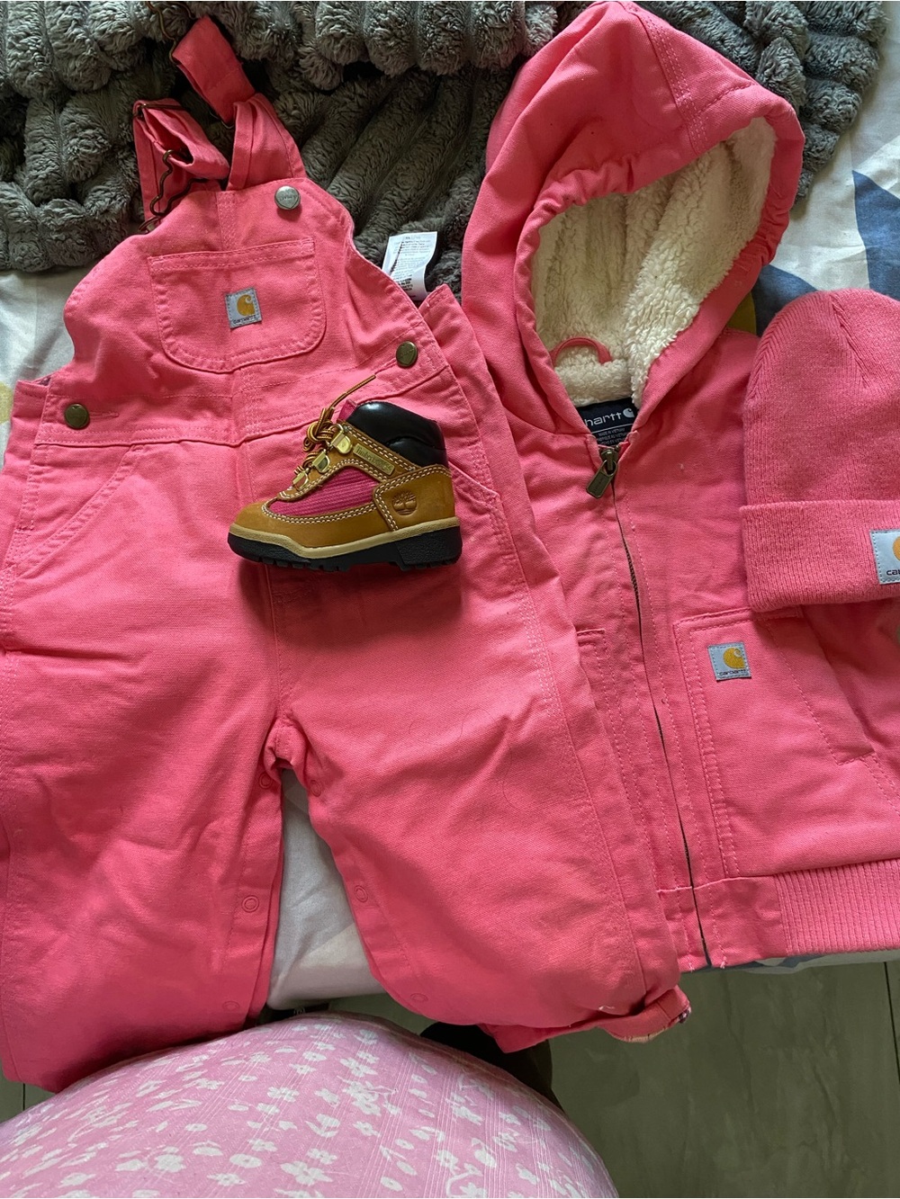 Carhartt Pink Kids Hooded Jacket, Overalls & Beanie Set